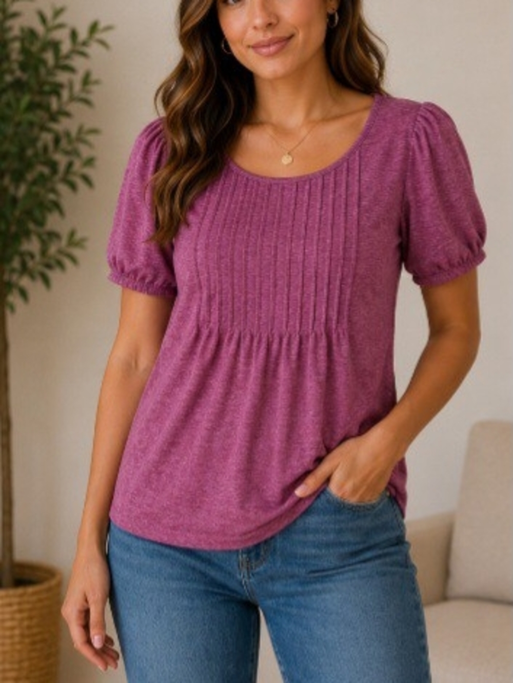 Heathered Berry Puff Sleeve Top | Feminine Casual Blouse